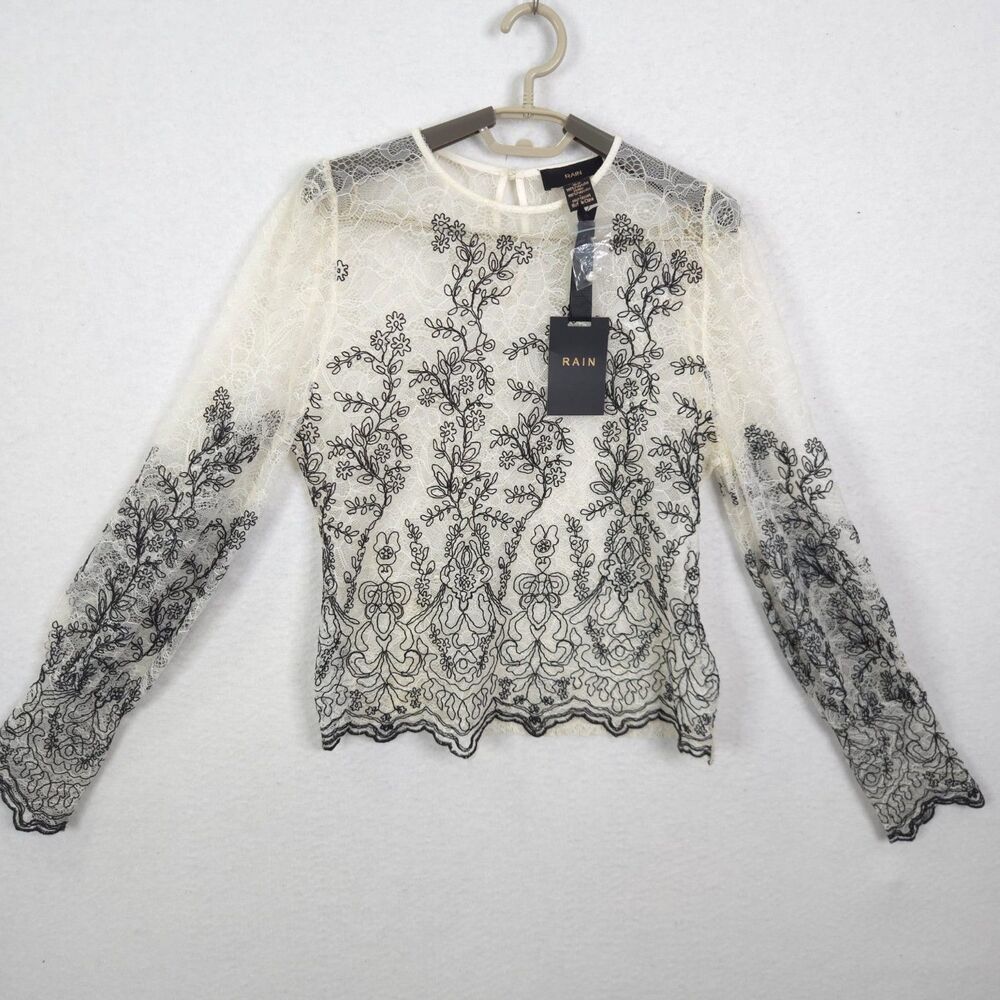 Rain Top Blouse Ivory Large Black Floral Embroidery Whimsygoth Witchy Lace Sheer